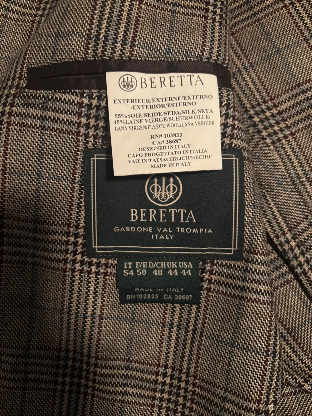 Beretta Italy Men’s 54 / US 44 Wool Silk Glen Plaid Lanificio di Pray Sport Coat